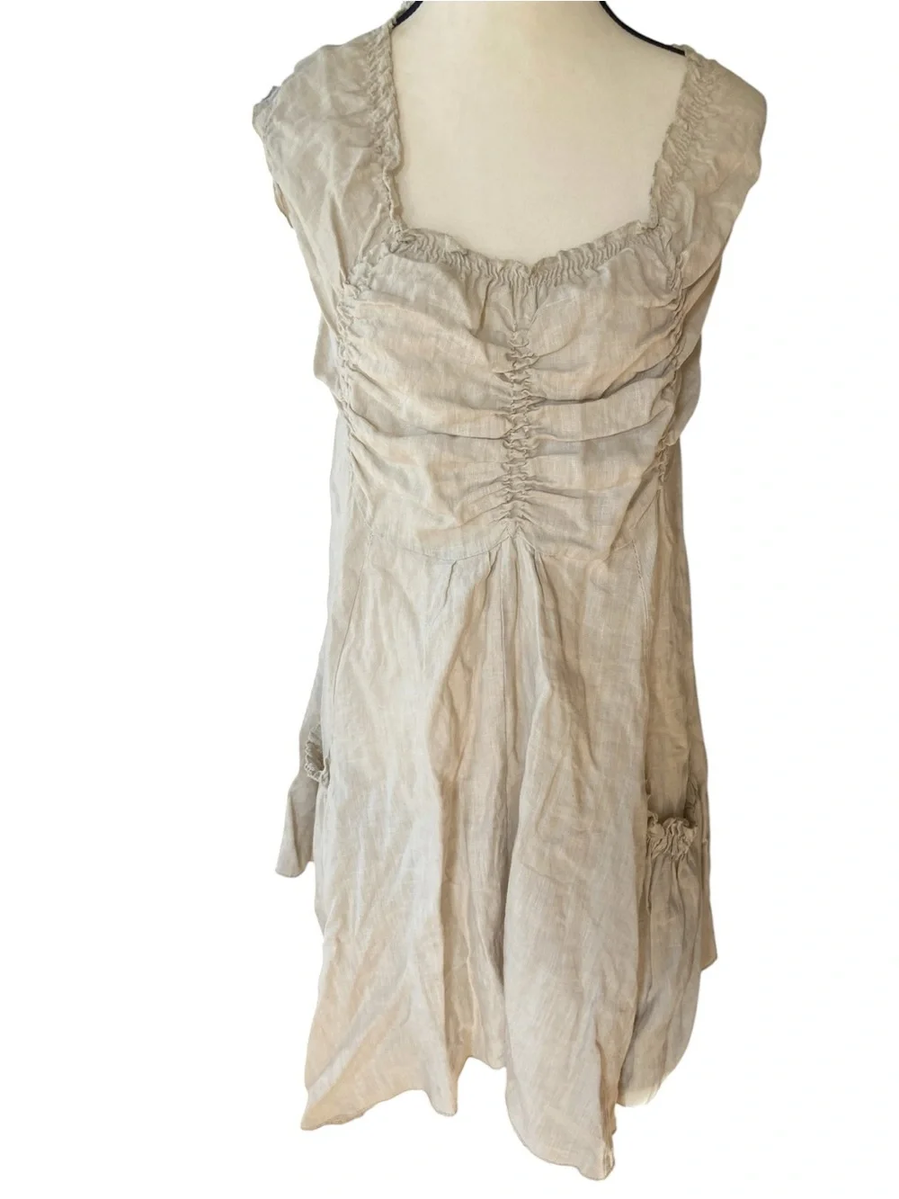 NYLL Italia 100% Linen Parachute Dress Flax Size M Ruched Boho Lagenlook Casual